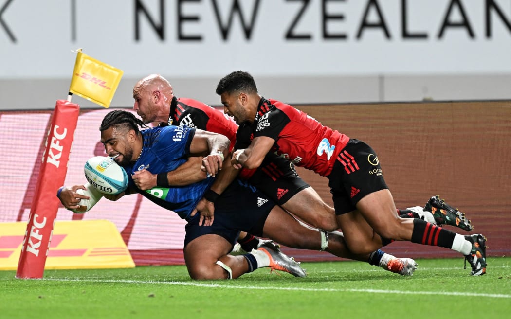 Hoskins Sotutu loses the ball on the try line  in the Blues v Crusaders, Super Rugby Pacific 2023 Season, Eden Park, Auckland, New Zealand. Saturday 18 March 2023. Eden Park, Auckland, New Zealand. © Photo: Andrew Cornaga / www.photosport.nz
