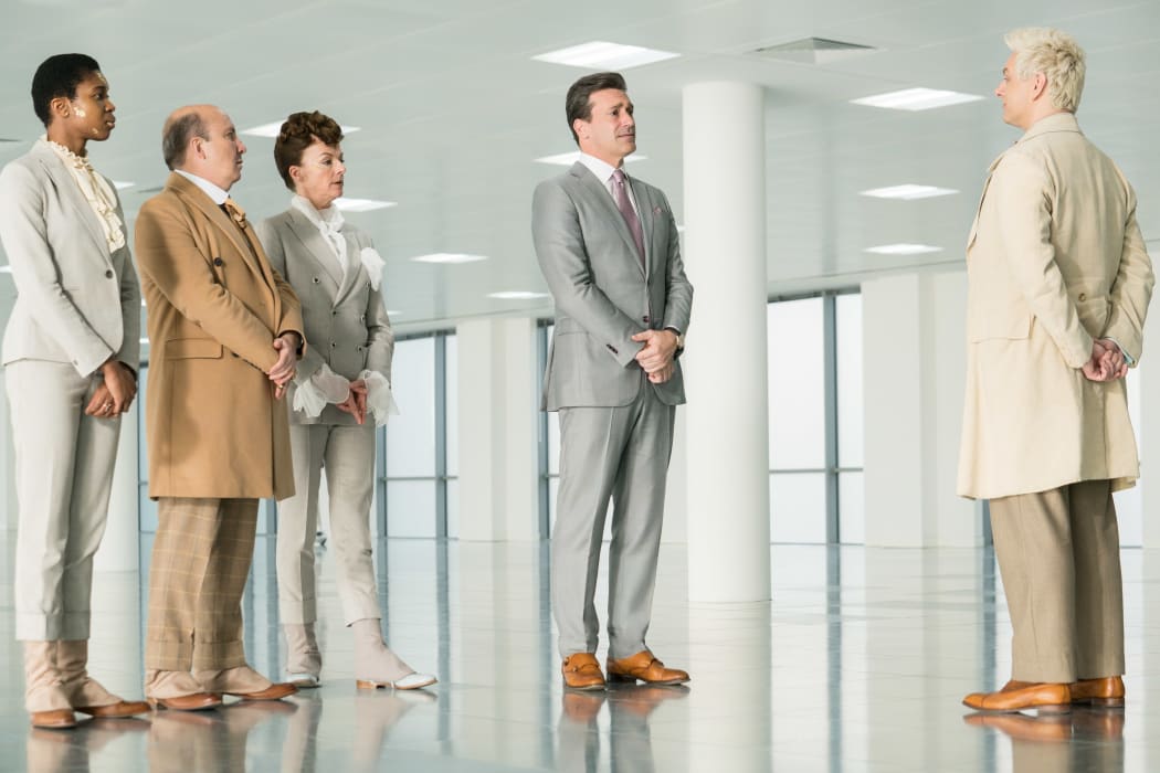 Jon Hamm (centre) as Gabriel gives Aziraphale (Michael Sheen) a dressing down in Good Omens.