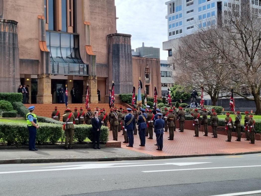 Soldiers line up outside Wellington Cathedral of St Paul for the State Memorial Service in honour of the late Queen Elizabeth II.