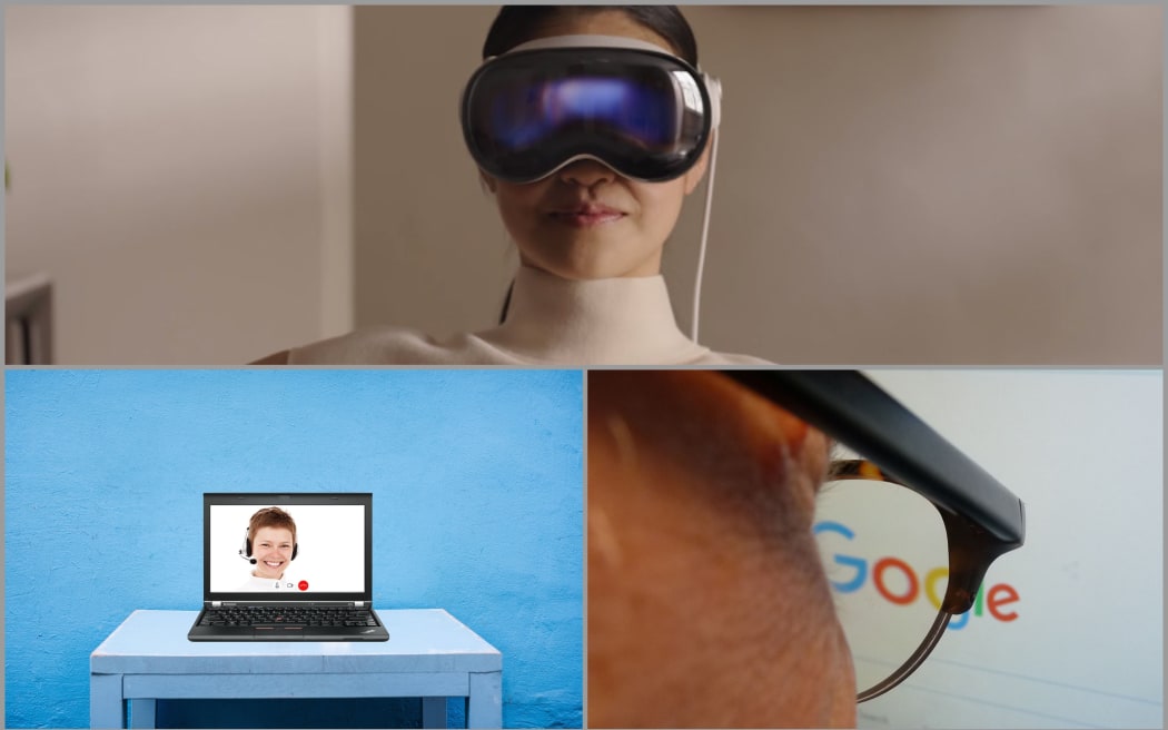 Three images: Apple's Vision Pro, a Zoom call, person inspecting a Google webpage