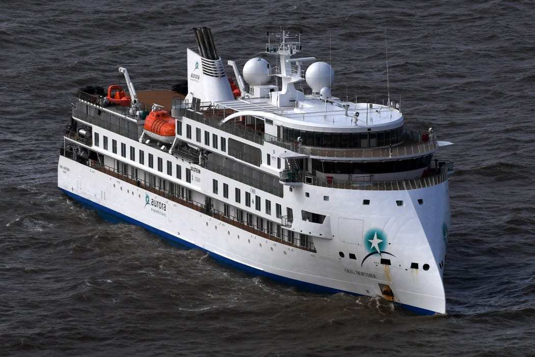 Aerial view of Australian cruise ship Greg Mortimer off the port of Montevideo on April 7, 2020.