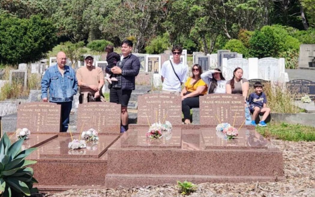 The Karatea-Goddard family paying respects to their Kwok ancestors at Karori Cemetery, Wellington, on Lunar New Year.