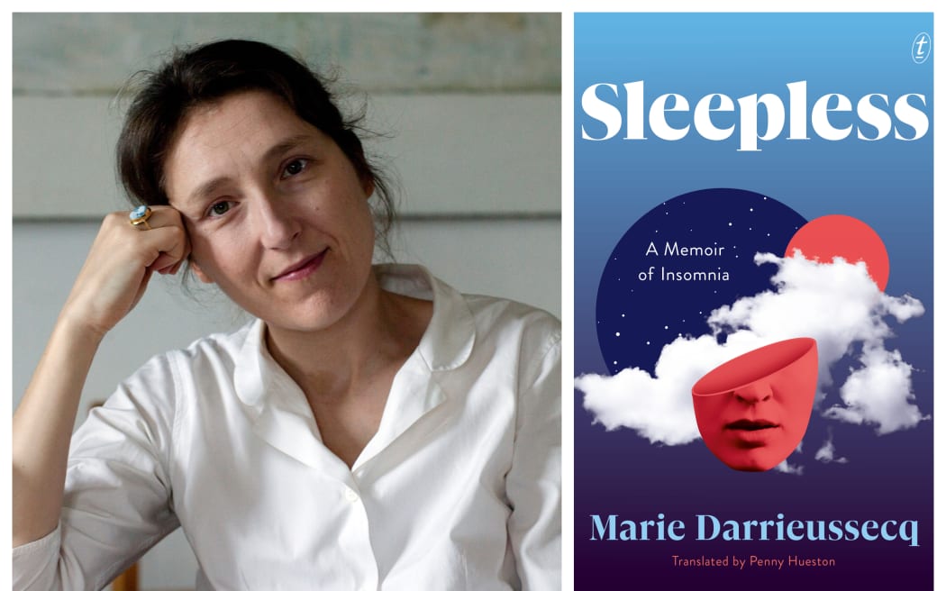 collage of  Marie Darrieussecq and the cover of her book " Sleepless"