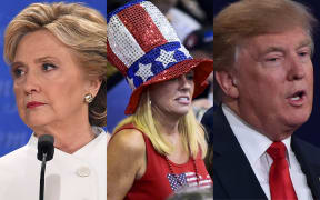 Hillary Clinton, a woman wearing a US flag hat and Donald Trump.