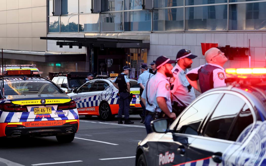 Police cordon off the Westfield Bondi Junction shopping mall after a stabbling incident in Sydney on April 13, 2024. Australian police on April 13 said they had received reports that "multiple people" were stabbed at a busy shopping centre in Sydney. (Photo by David GRAY / AFP)