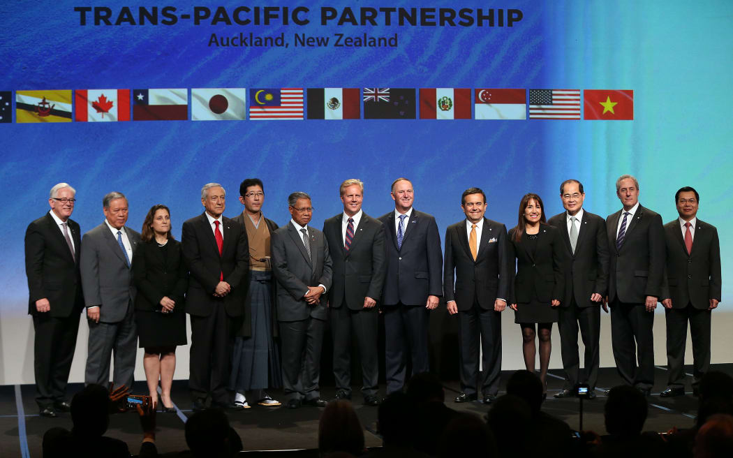 Prime Minister John Key, eighth from left, with the ministers from the 12 TPP countries.