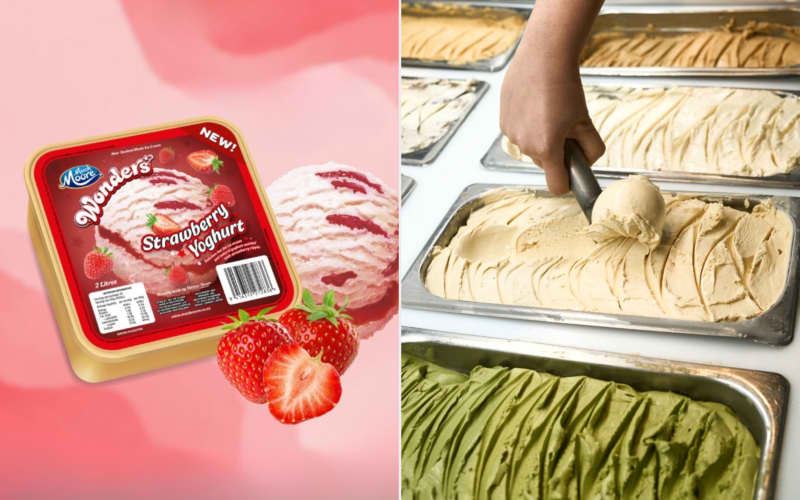 Composite image of Much Moore's strawberry yoghurt ice cream and Takapuna Beach Cafe's gelato.