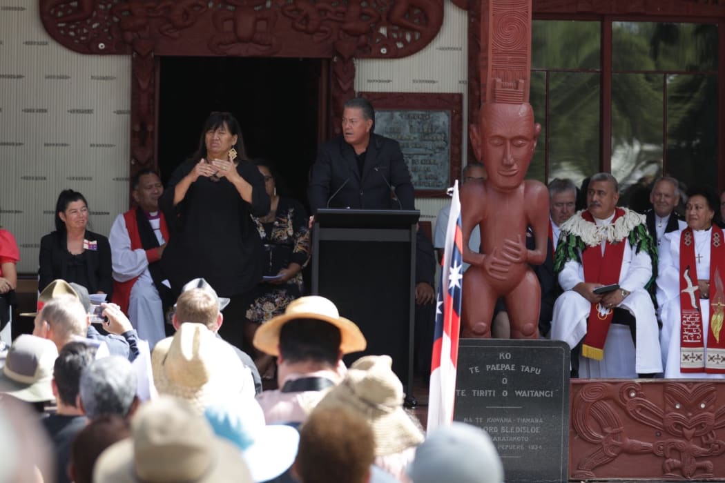 Brian Tamaki addressing the crowd at Waitangi.