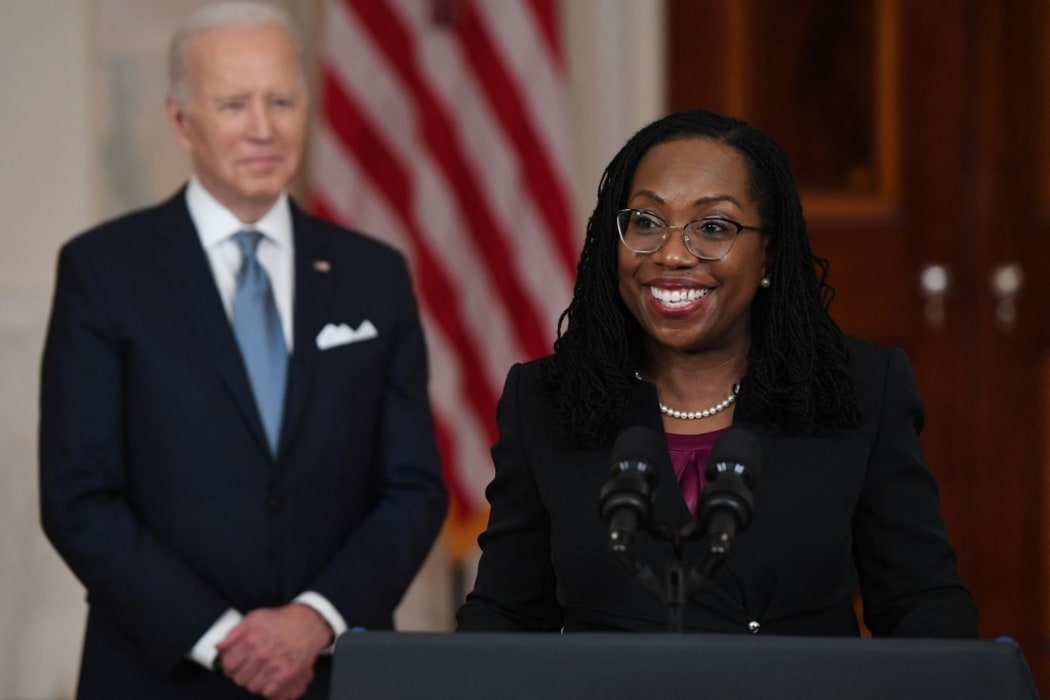 Judge Ketanji Brown Jackson, with President Joe Biden, speaks after she was nominated for Associate Justice of the US Supreme Court, in the Cross Hall of the White House in Washington, DC, February 25, 2022.
