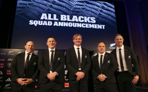 All Blacks coach Scott Robertson, centre, with coaching staff Jason Ryan,left,  Jason Holland, Scott Hansen and Leon MacDonald following the All Blacks Squad Announcement.