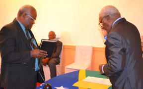 Solomon Islands new ombudsman Fred Fakarii is sworn in by Governor General Sir Frank Kabui at government house in Honiara. 11 May 2017