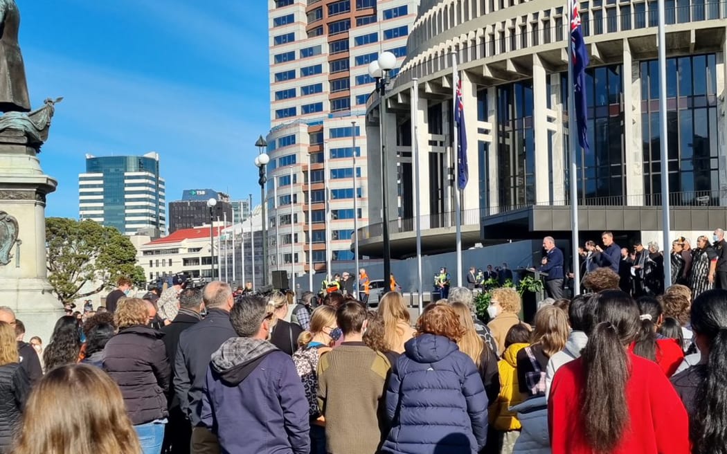 Speaker Trevor Mallard addresses the crowd during the official opening of Parliament grounds.