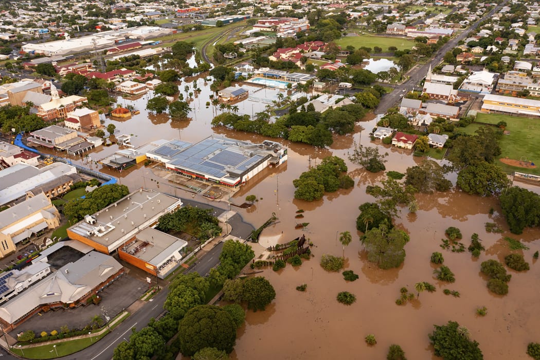 An aerial view of the flooded city of Maryborough along the over-flowing Mary River in Queensland.