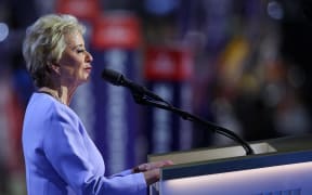Linda McMahon, former administrator of Small Business Administration, speaks at the Republican National Convention at the Fiserv Forum in Milwaukee on 18 July .