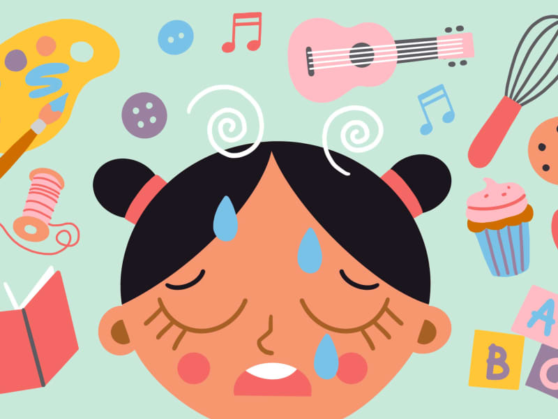 Stylised illustration of sick child and various home activities