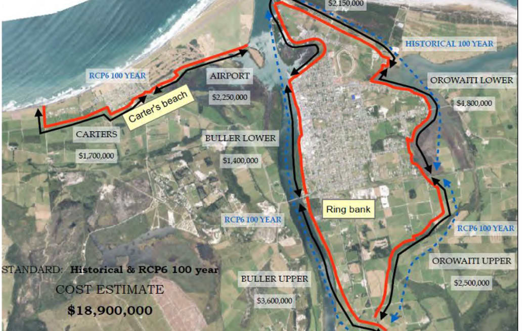 Proposed option one for a Westport flood protection scheme to encircle the town.