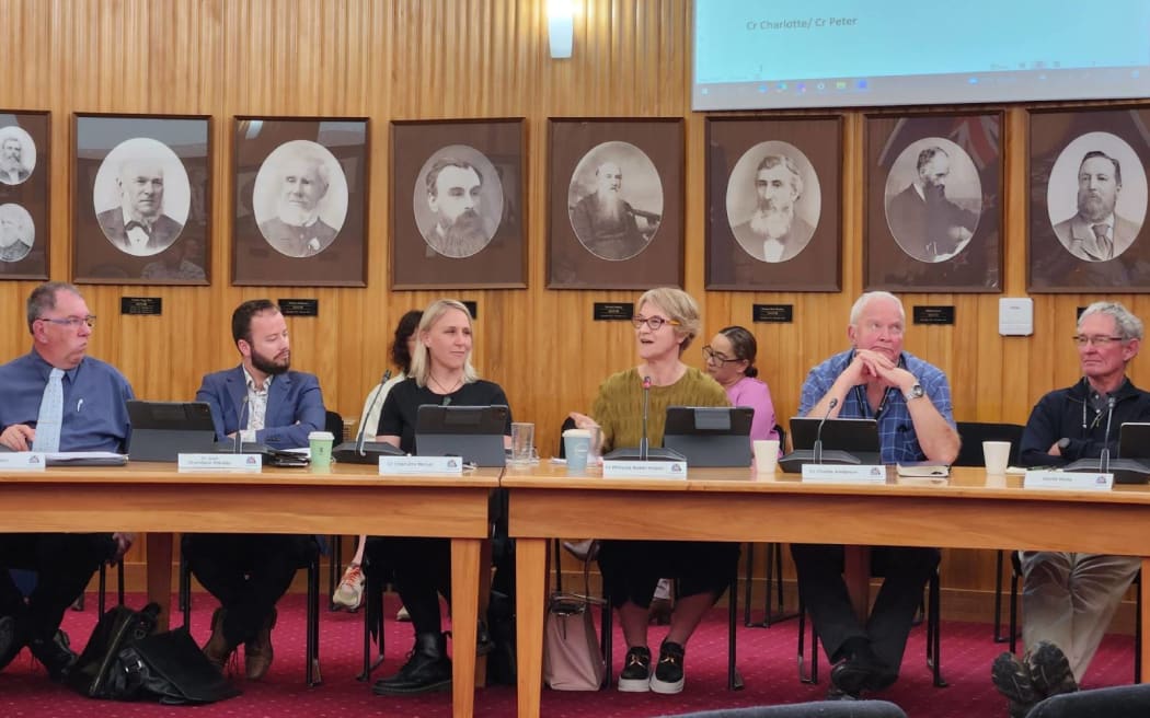 From left, councillors Ross Fallen, Josh Chandulal-Mackay, Charlotte Melser, Phillipa Baker-Hogan, Charlie Anderson and Whanganui Rural Community Board chair David Wells.