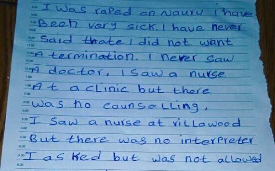 A handwritten note from a Somalian refugee in Nauru, who has become pregnant after being allegedly raped, and is seeking a termination in Australia.