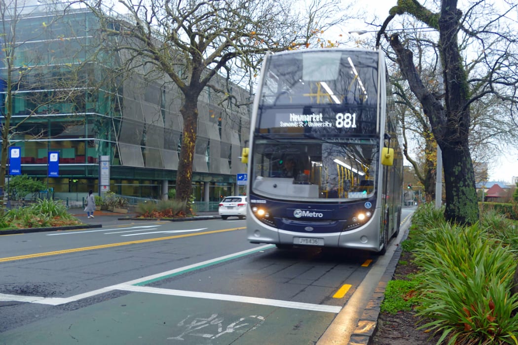 The shared bus and cycle lane on Symonds Street, which runs through the University of Auckland.