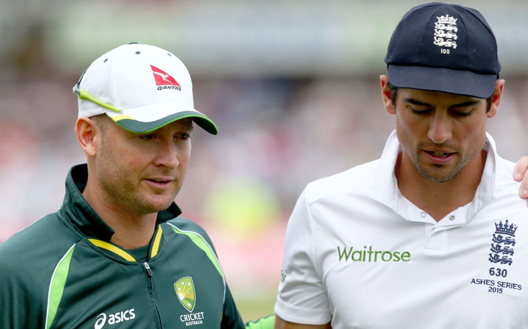 Captains Michael Clarke of Australia and Alastair Cook of England after the 4th Ashes Test, 2015.
