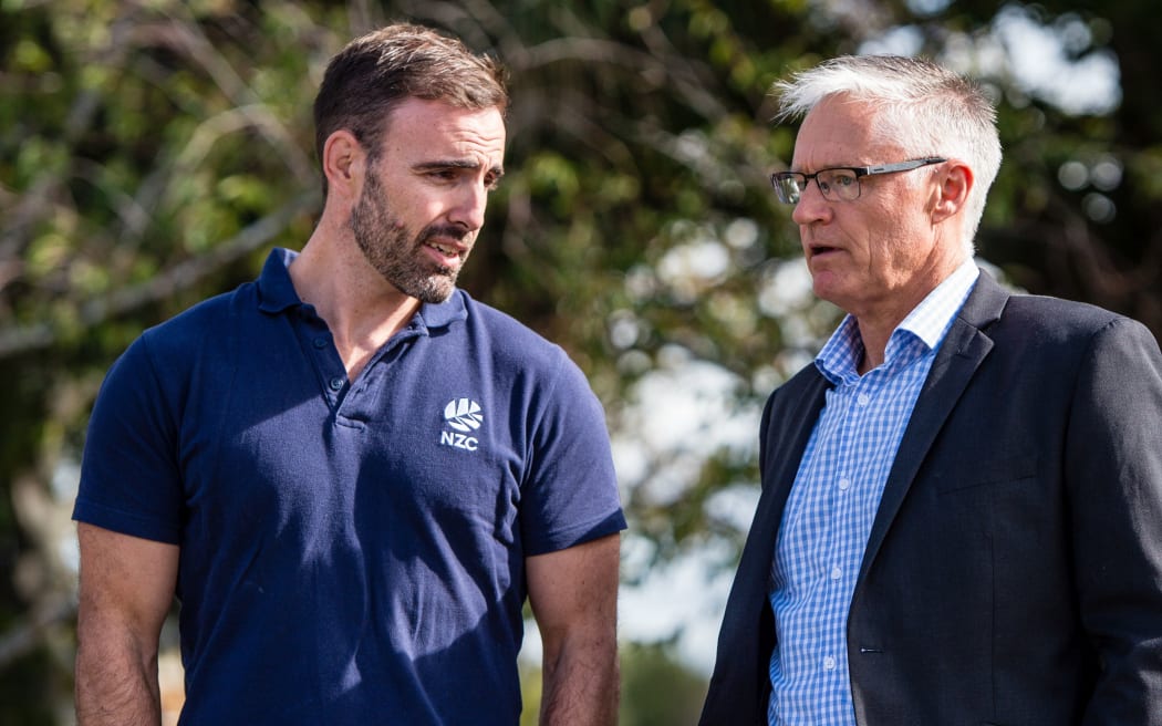 NZ Cricket head of high performance Bryan Stronach, left, talks to Black Caps selector Gavin Larsen.
