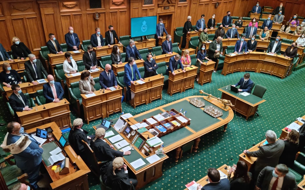 Parliament stands to welcome the incoming Speaker of the House. Departing Speaker Trevor Mallard and Independent MP Gaurav Sharma can be seen next to one another in the back of the room.
