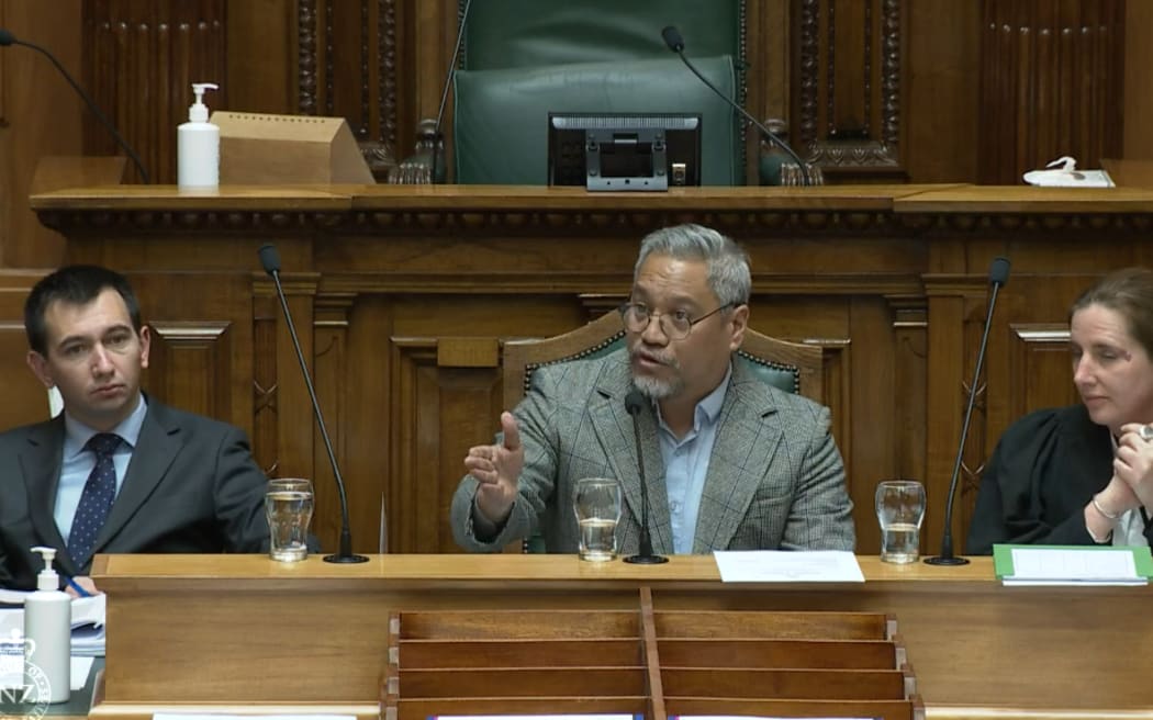Chairperson Teanau Tuiono tries to clear up the points of order over Hana-Rawhiti Maipi-Clarke laptop's display of stickers in the House on 24 July, 2024.