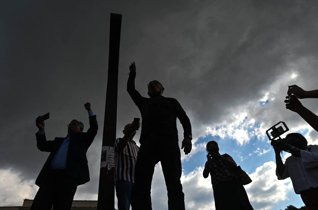 Members of the media seen at the Cathedral Square during a march following the national meeting of journalists against violence against journalists in San Cristobal de las Casas, Chiapas, Mexico on 5 March 2022.