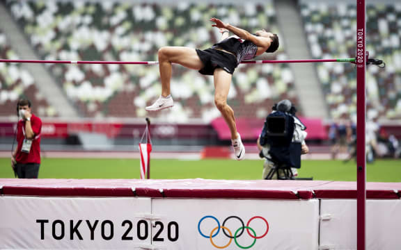 New Zealand high jumper Hamish Kerr in action in qualifying at the Tokyo Olympic Games, 30/7/21/