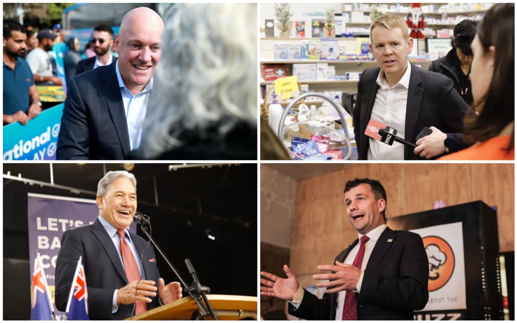 Clockwise from From top left,  Christopher Luxon, Chris Hipkins, David Seymour, Winston Peters campaigning.