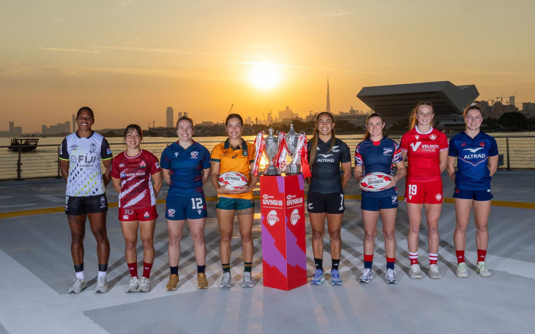 Women's team captains pose for a photo in advance of the 2025 Emirates Dubai 7s at The Sevens Stadium on 26 November 2025 in Dubai, United Arab Emirates.