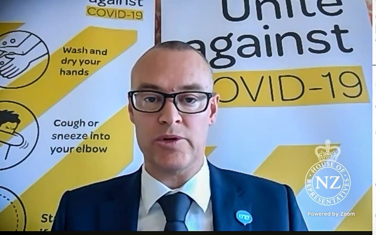 Screenshot of the Minister of Health David Clark appearing before the Epidemic Response Committee