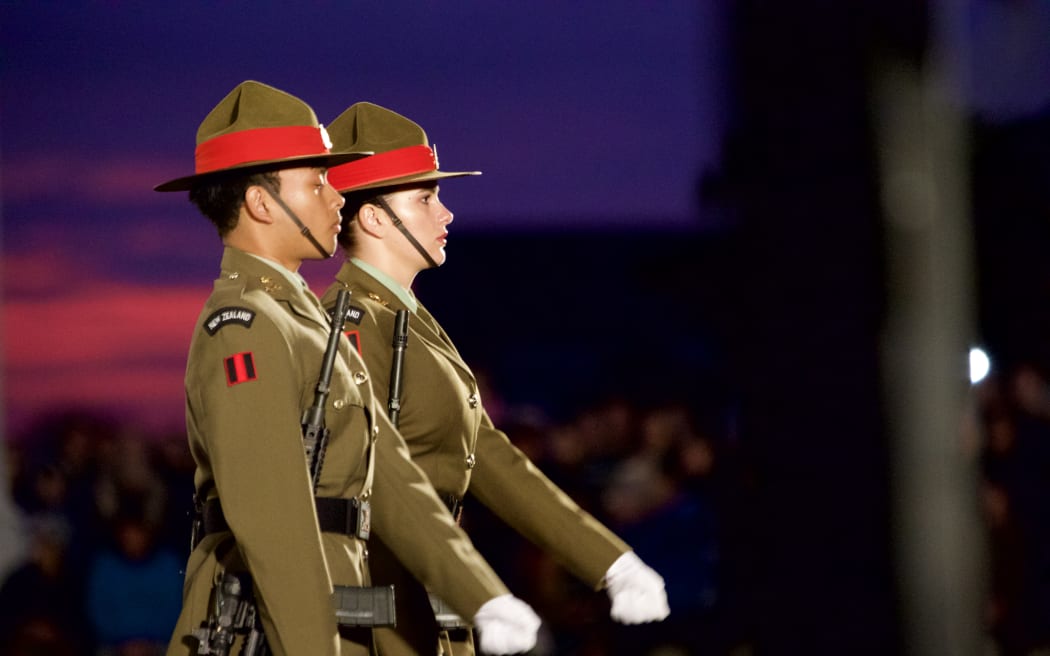 Soldiers march at the dawn service in Auckland