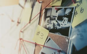 Detective board with evidence, crime scene photos and map. high contrast image - SIS, GCSB generic