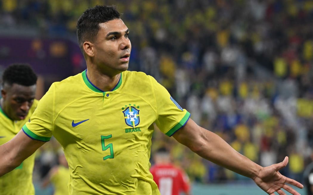 Brazil's midfielder Casemiro celebrates after scoring