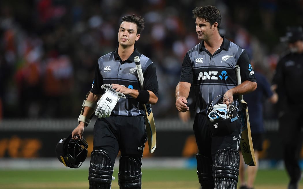 Mark Chapman and Colin de Grandhomme at the end of the match.
New Zealand Black Caps v England.Tri-Series International Twenty20 cricket.