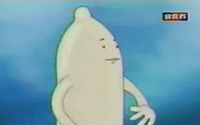 Jackie Chan and an animated condom bowing to each other
