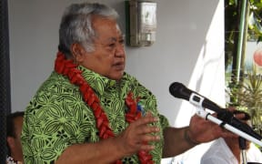The Samoan Prime Minister Tuila'epa Sa'ilele Malielegaoi speaks at the launching of the new Talofa Airways at Fagalii airport on August 22 2016