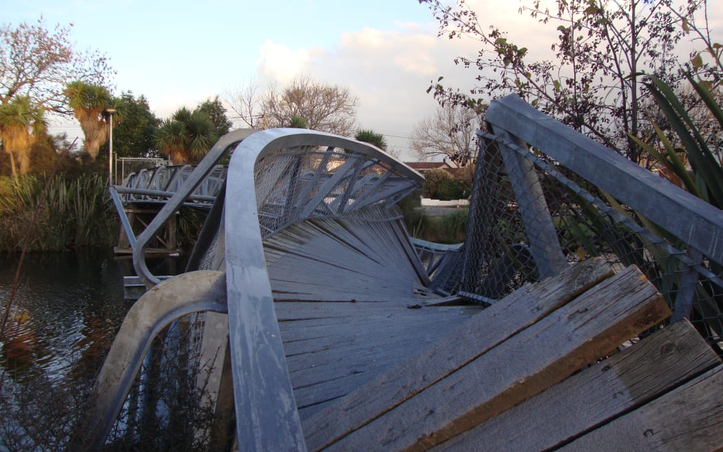 The twisted Medway bridge over the Avon River in Christchurch, following earthquake damage in 2011.