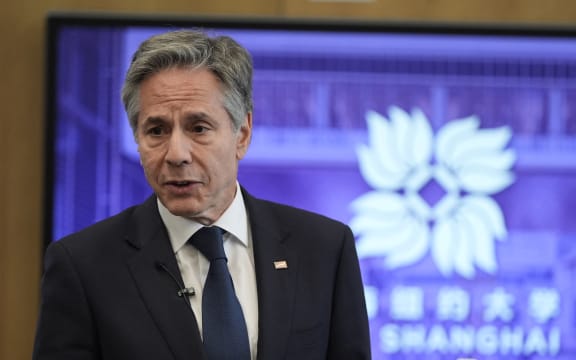 US Secretary of State Antony Blinken talks to students at New York University (NYU) Shanghai in Shanghai on April 25, 2024. (Photo by Mark Schiefelbein / POOL / AFP)