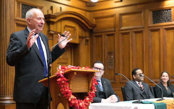 Sir Don McKinnon delivers his lecture  'Dark Clouds Over Democracy' as part of the Commonwealth Parliamentary Association Lecture series, in Wellington, 2 May 2017.