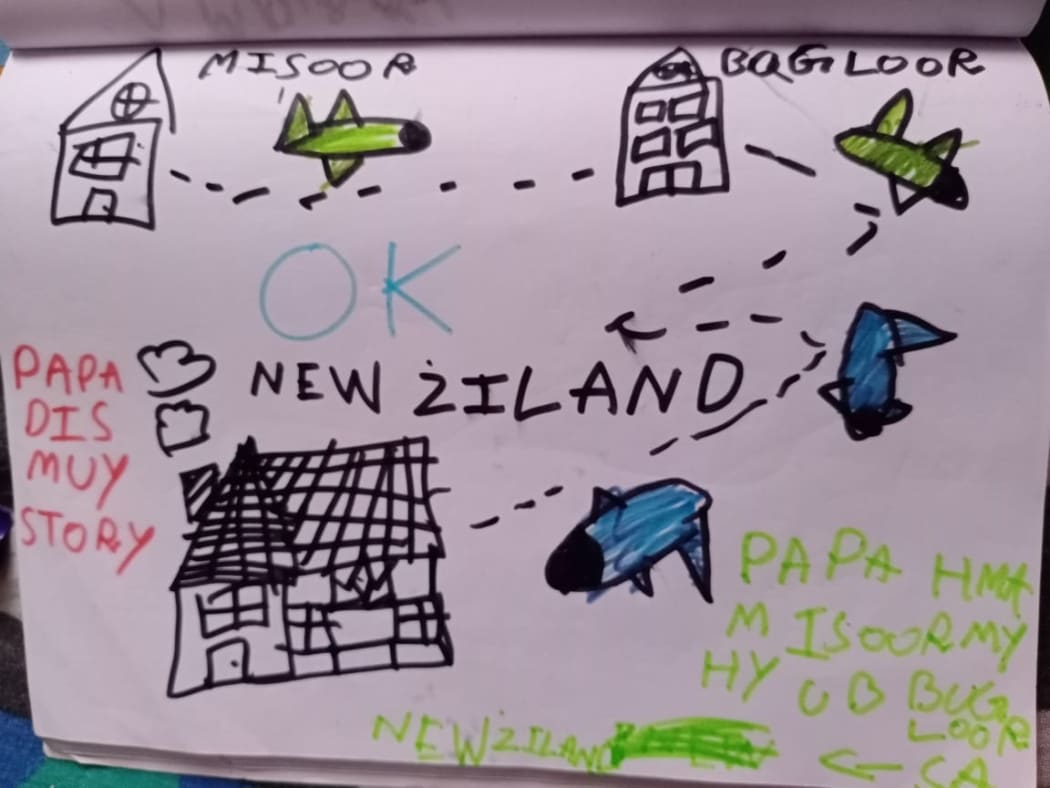 Affu drew a picture of his Dad’s journey to New Zealand.