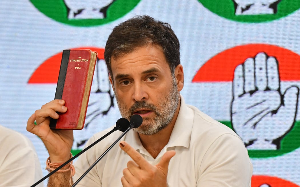 Congress party leader Rahul Gandhi addresses reporters in New Delhi on 4 June.