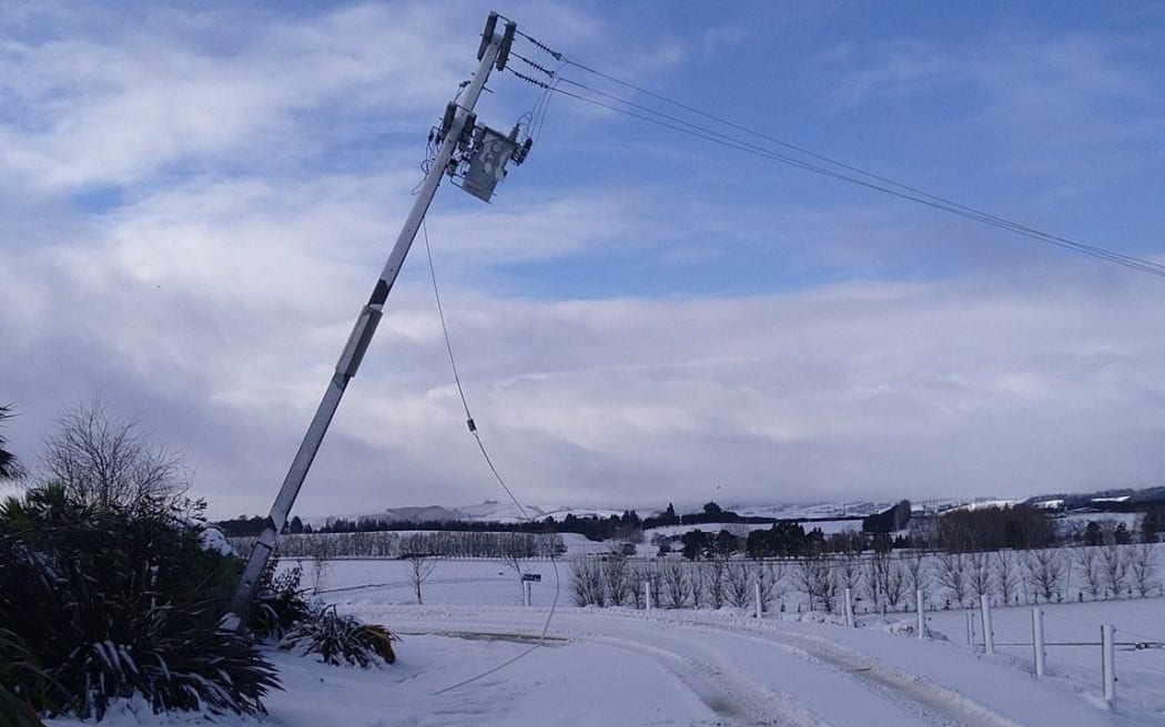 Damage to a power line on Bruce Eade's farm in Tapanui, Southland.