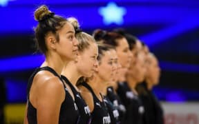 Silver Ferns shooter Maia Wilson during the anthems ahead of the 2nd Constellation Cup netball test against the Australian Diamonds, Horncastle Arena, Christchurch, New Zealand, 3rd March 2021.