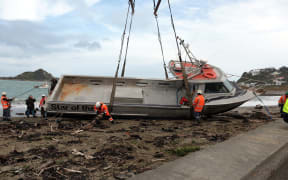 Island Bay fishing boat Star of the Sea broke her mooring and was washed up on the beach.