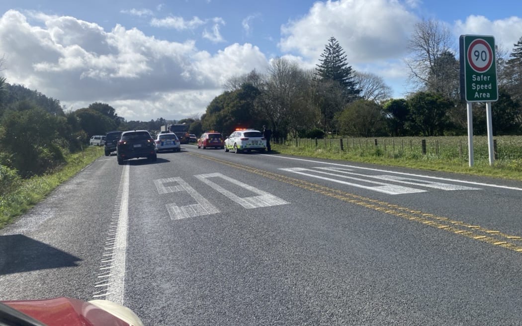 An image of cars stopped after a crash on State Highway 2 near Pookeno.