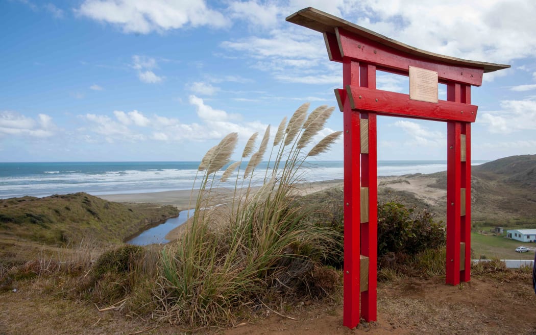 The red memorial gate, Mitimiti beach, Hokianga