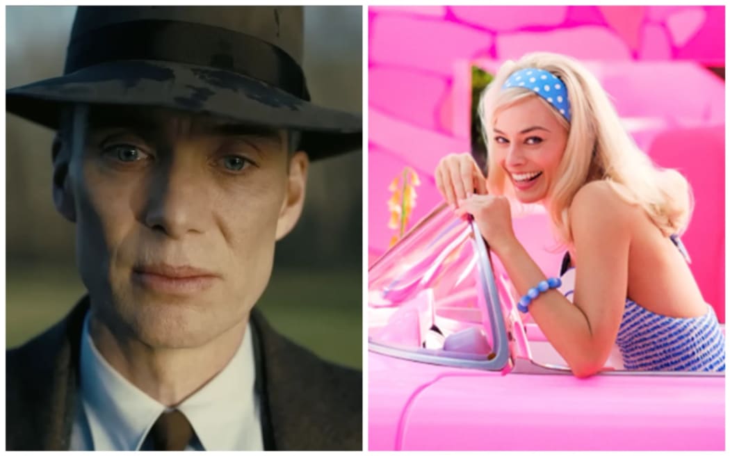 Collage pic showing Cillian Murphy as Oppenheimer and Margot Robbie as Barbie