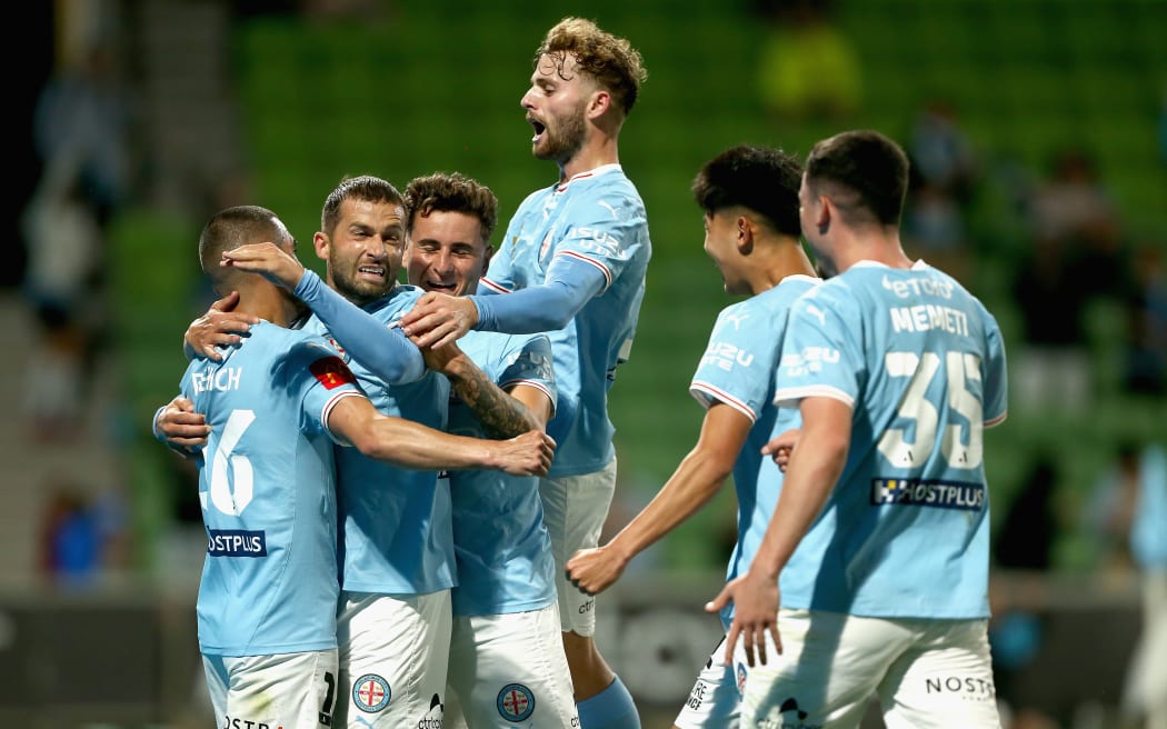 Melbourne City players celebrate a goal from Medin Memeti against Auckland City.
